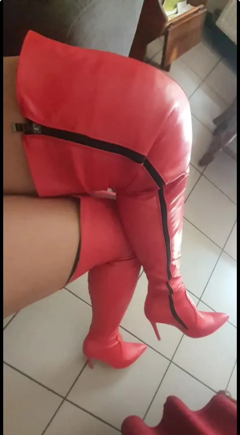 Women Red PU Leather Thigh High Boots