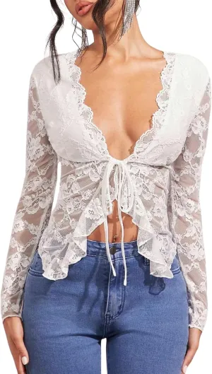 Women Ruffle Trim Front Tie Lace Sheer Top Long Sleeve V Neck See Through Mesh Split Hem Tie Up Blouse Shirt