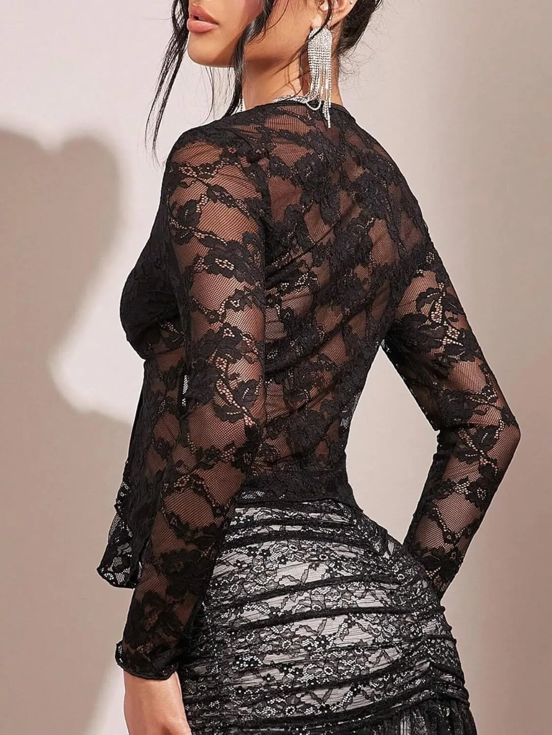 Women Ruffle Trim Front Tie Lace Sheer Top Long Sleeve V Neck See Through Mesh Split Hem Tie Up Blouse Shirt