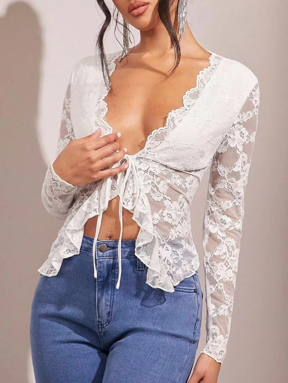 Women Ruffle Trim Front Tie Lace Sheer Top Long Sleeve V Neck See Through Mesh Split Hem Tie Up Blouse Shirt