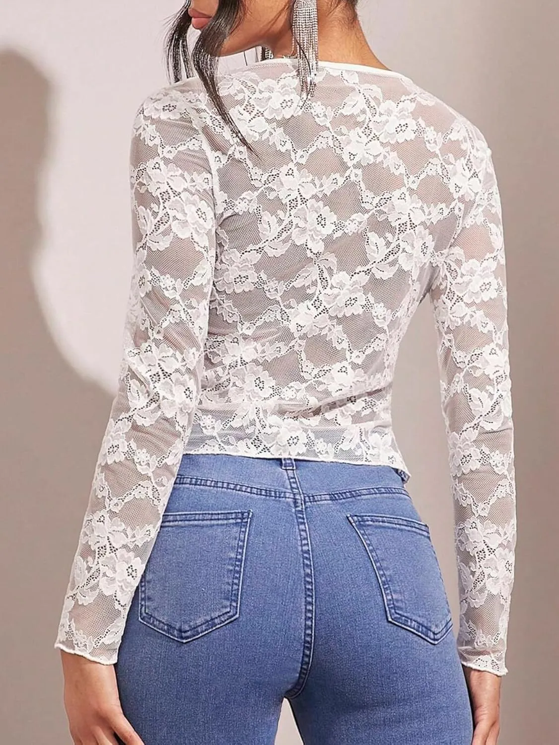 Women Ruffle Trim Front Tie Lace Sheer Top Long Sleeve V Neck See Through Mesh Split Hem Tie Up Blouse Shirt