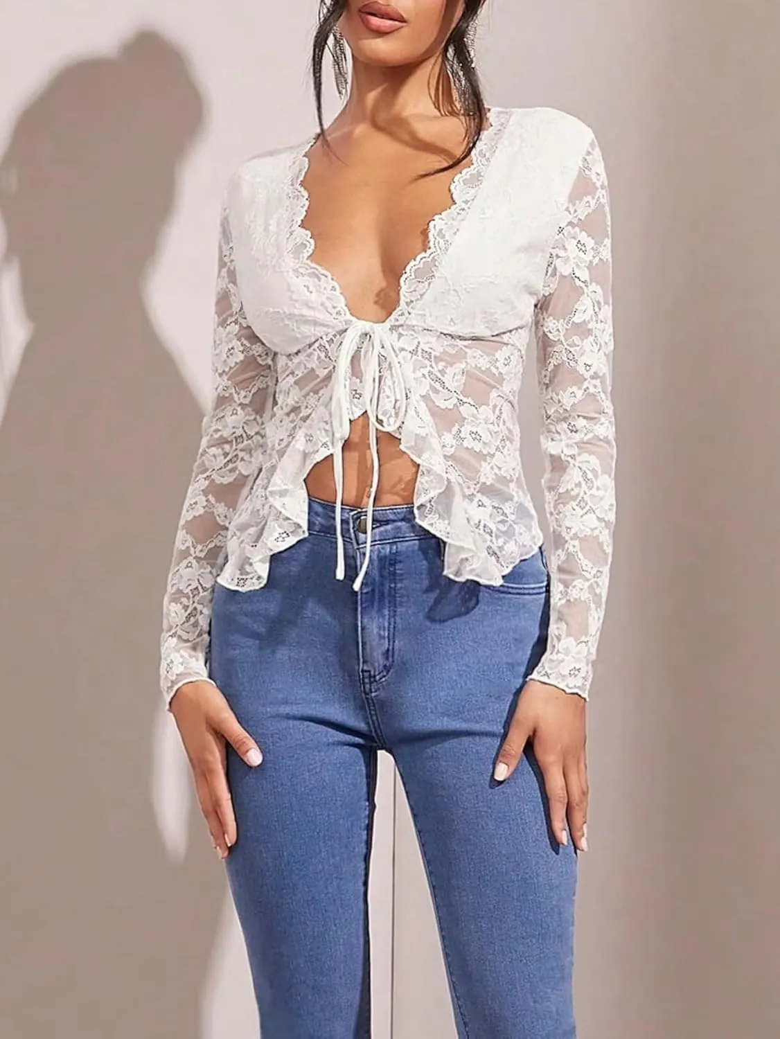 Women Ruffle Trim Front Tie Lace Sheer Top Long Sleeve V Neck See Through Mesh Split Hem Tie Up Blouse Shirt
