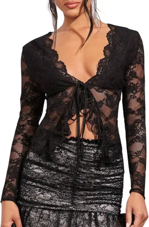 Women Ruffle Trim Front Tie Lace Sheer Top Long Sleeve V Neck See Through Mesh Split Hem Tie Up Blouse Shirt