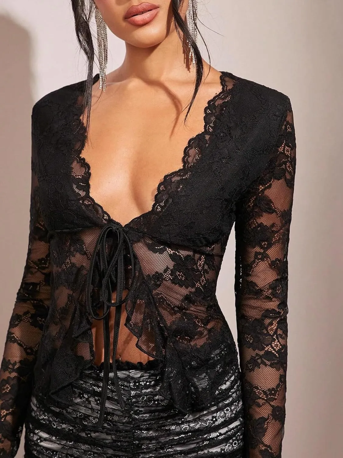 Women Ruffle Trim Front Tie Lace Sheer Top Long Sleeve V Neck See Through Mesh Split Hem Tie Up Blouse Shirt