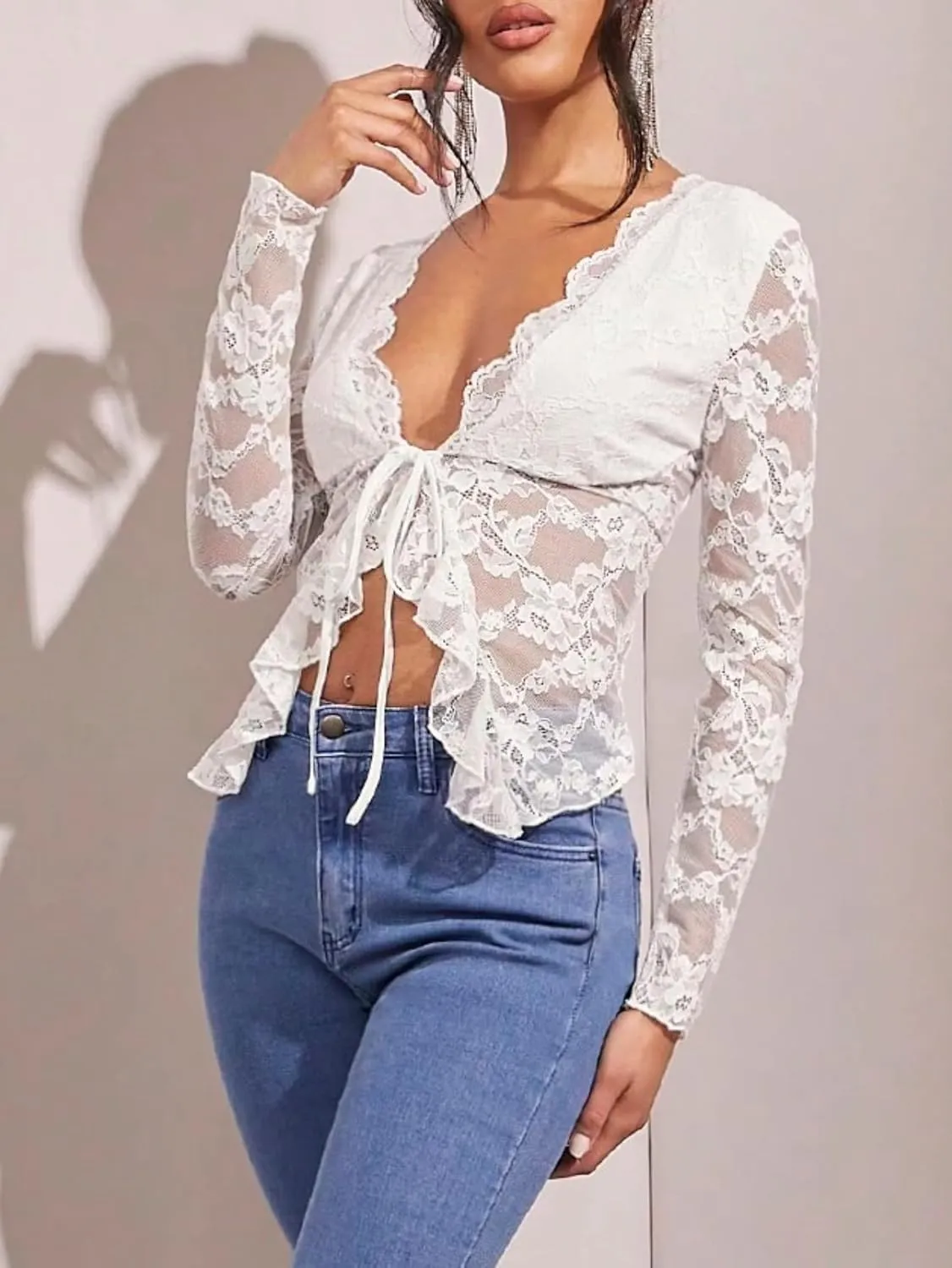 Women Ruffle Trim Front Tie Lace Sheer Top Long Sleeve V Neck See Through Mesh Split Hem Tie Up Blouse Shirt