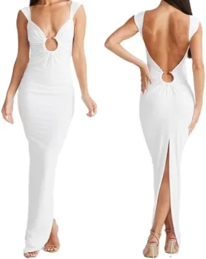 Women Sexy Backless Dress V Neck Sleeveless Bodycon Backless High Slit Maxi Long Party Cocktail Wedding Dress