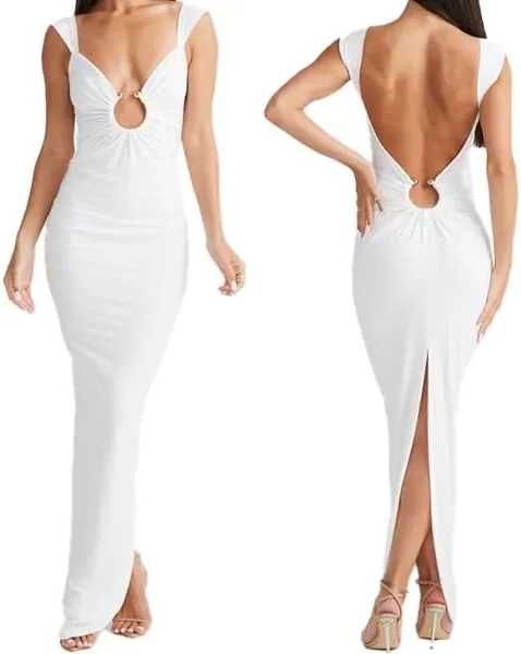 Women Sexy Backless Dress V Neck Sleeveless Bodycon Backless High Slit Maxi Long Party Cocktail Wedding Dress