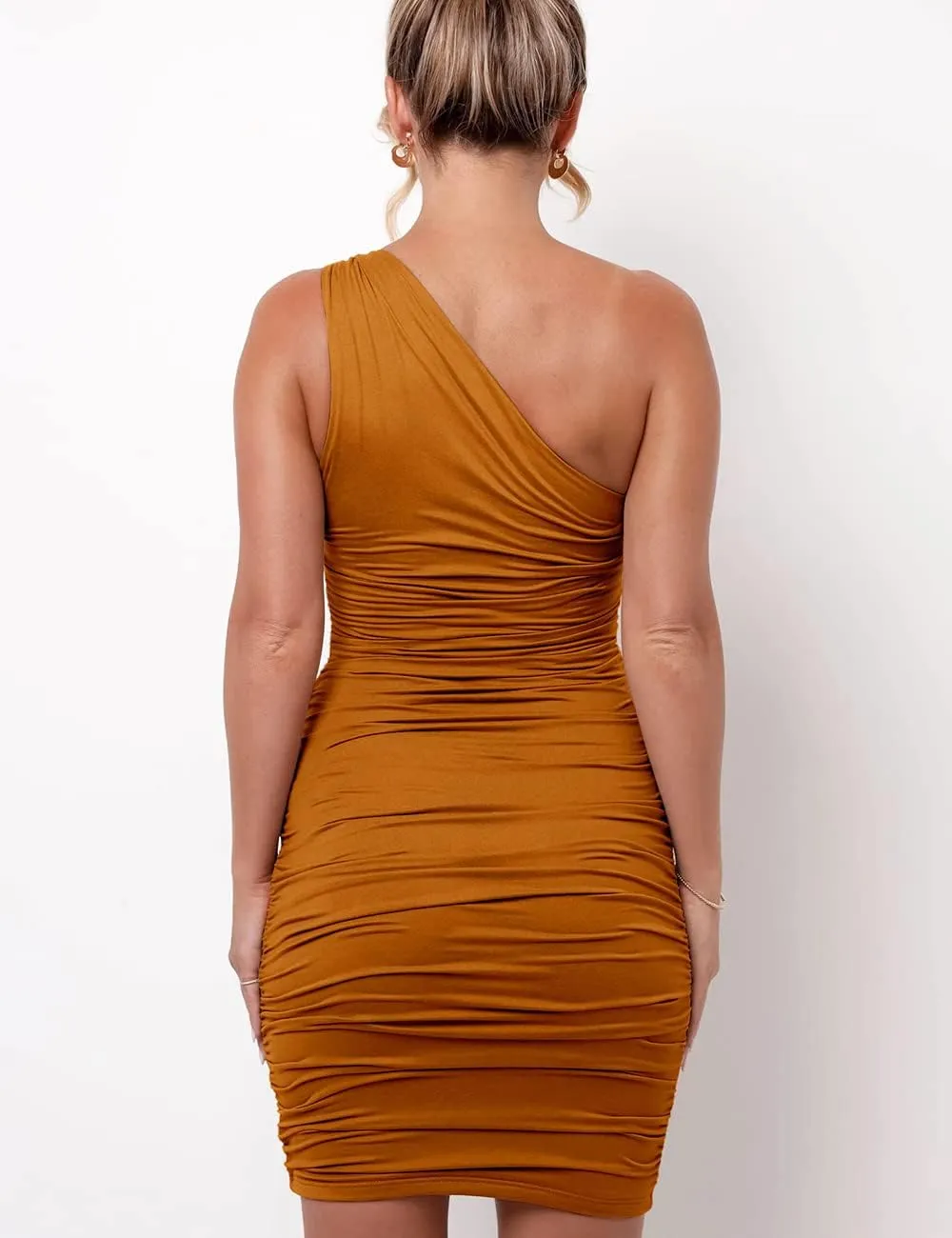 Women Sexy One Shoulder Ruched Dresses Elegant Cocktail Evening Party Mini Dress