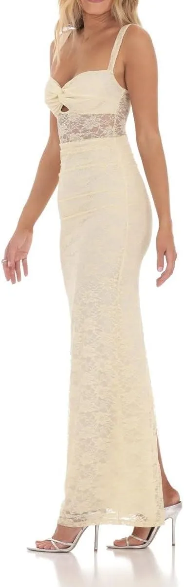 Women Spaghetti Strap Maxi Dress Sexy Cut Out Lace Patchwork Bodycon Long Dress Going Out Party Cocktail Evening Dresses