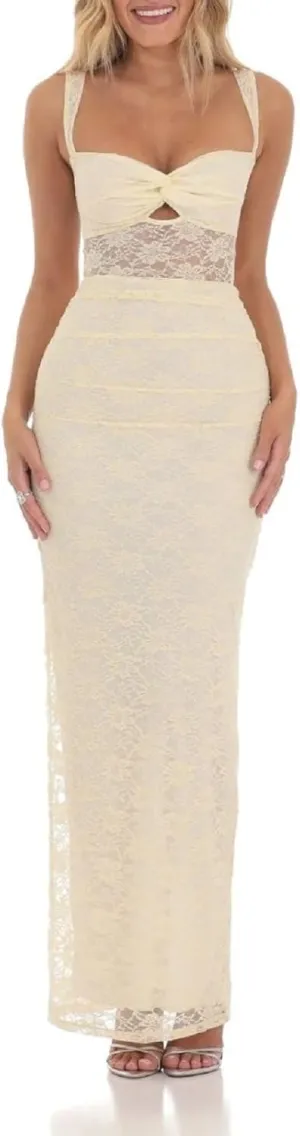 Women Spaghetti Strap Maxi Dress Sexy Cut Out Lace Patchwork Bodycon Long Dress Going Out Party Cocktail Evening Dresses