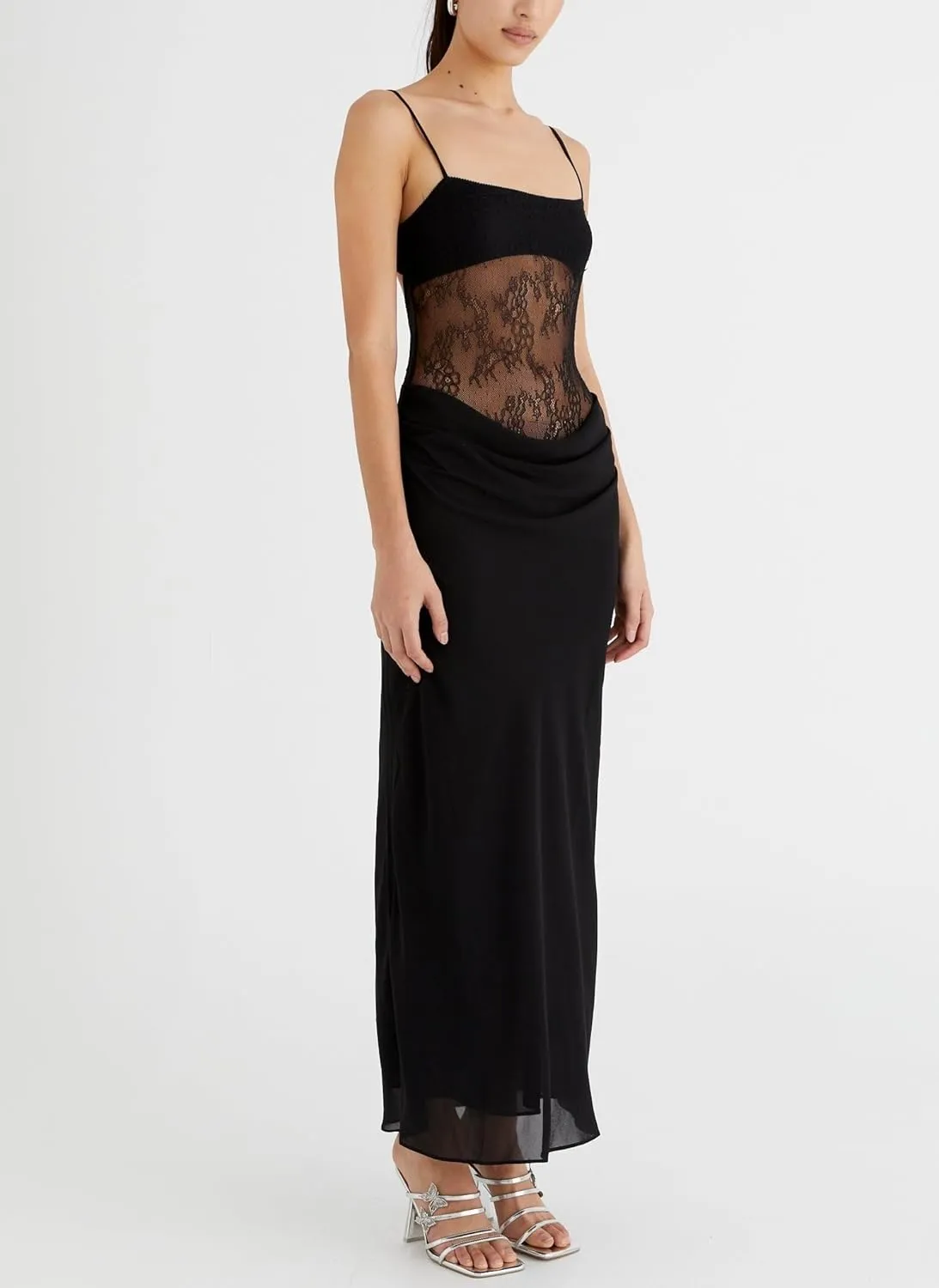 Women Spaghetti Strap Maxi Dress Sexy Cut Out Lace Patchwork Bodycon Long Dress Going Out Party Cocktail Evening Dresses