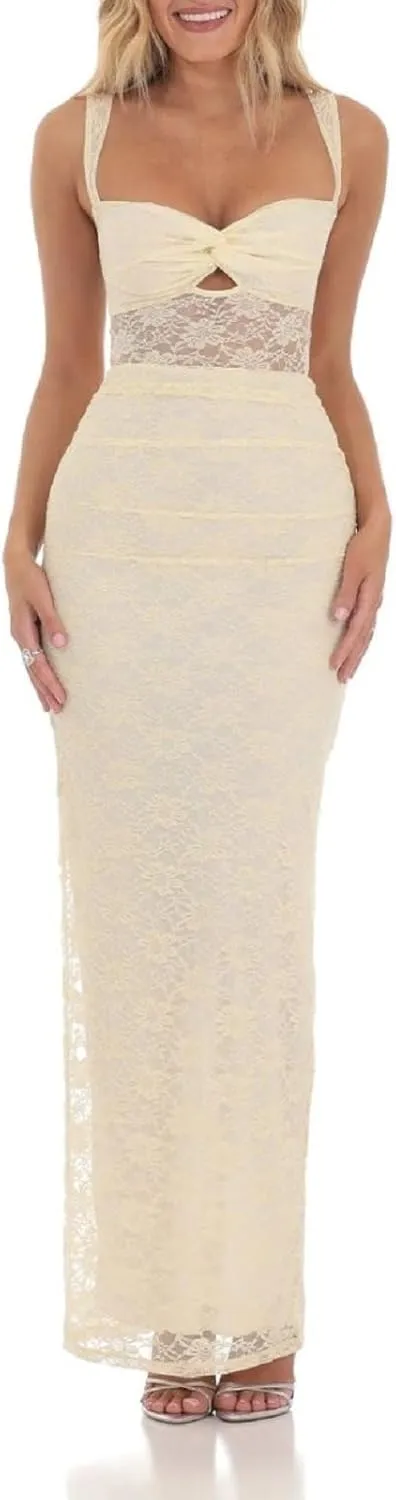 Women Spaghetti Strap Maxi Dress Sexy Cut Out Lace Patchwork Bodycon Long Dress Going Out Party Cocktail Evening Dresses