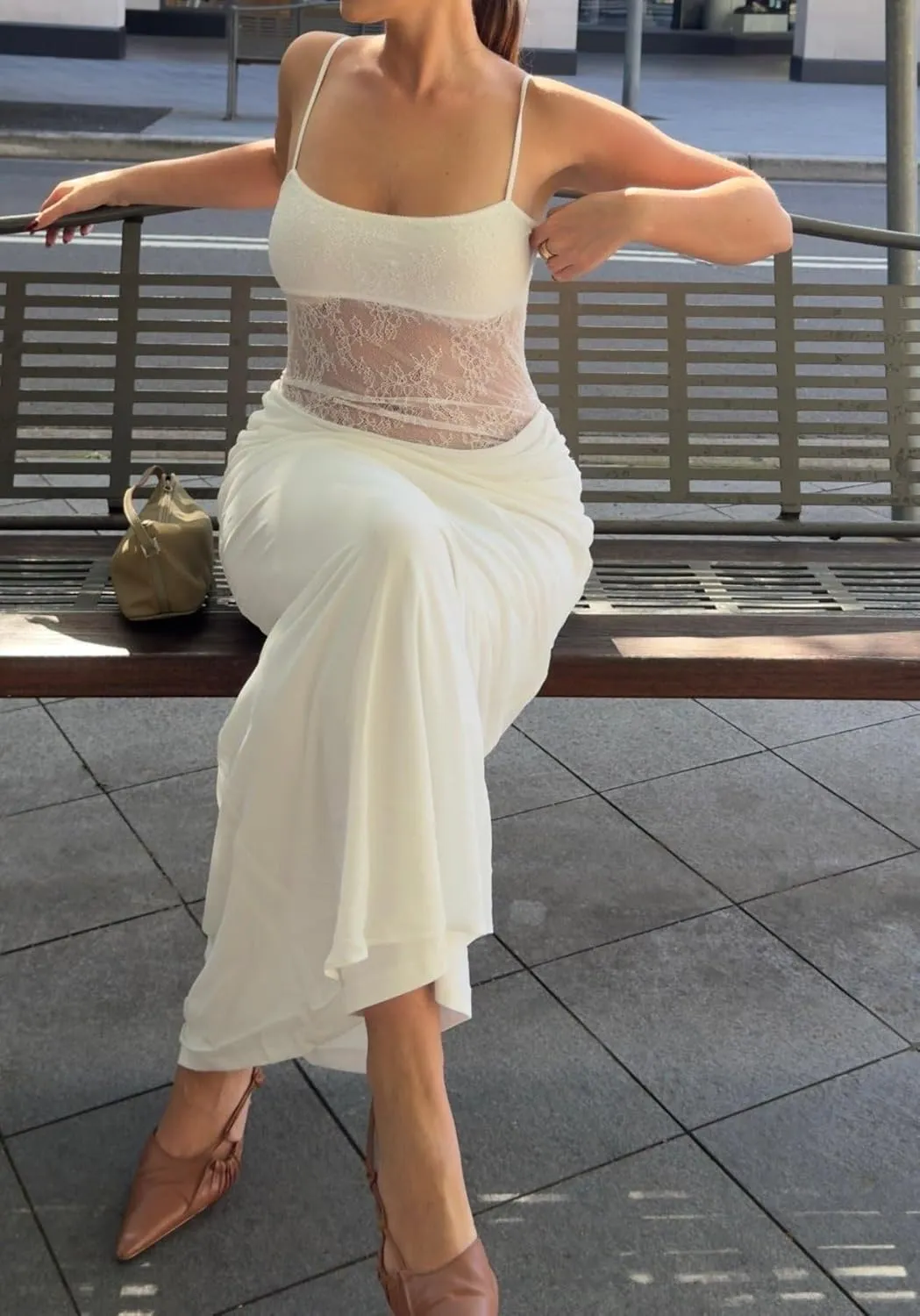 Women Spaghetti Strap Maxi Dress Sexy Cut Out Lace Patchwork Bodycon Long Dress Going Out Party Cocktail Evening Dresses