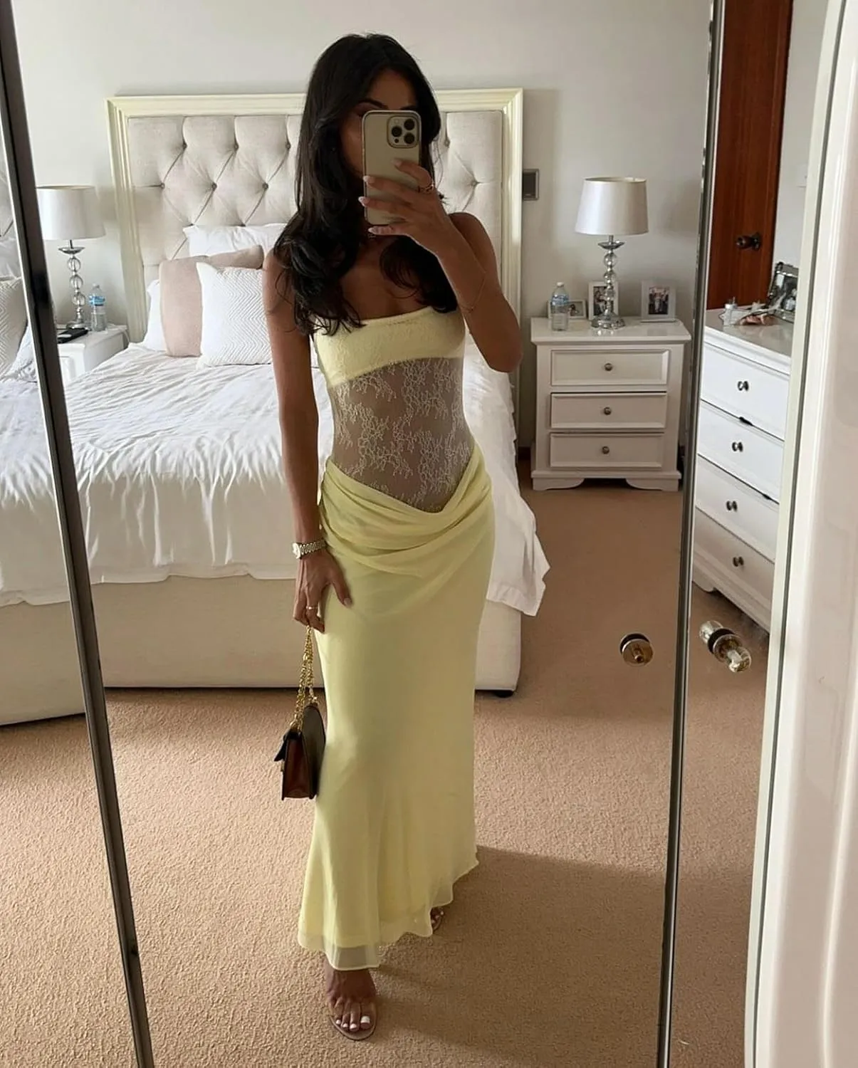 Women Spaghetti Strap Maxi Dress Sexy Cut Out Lace Patchwork Bodycon Long Dress Going Out Party Cocktail Evening Dresses