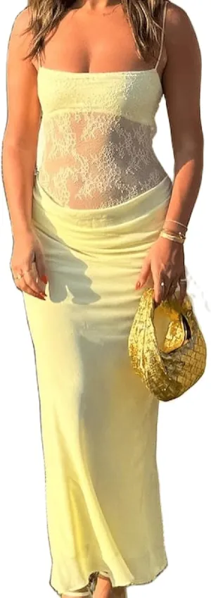 Women Spaghetti Strap Maxi Dress Sexy Cut Out Lace Patchwork Bodycon Long Dress Going Out Party Cocktail Evening Dresses