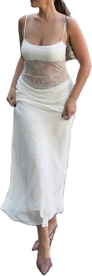 Women Spaghetti Strap Maxi Dress Sexy Cut Out Lace Patchwork Bodycon Long Dress Going Out Party Cocktail Evening Dresses