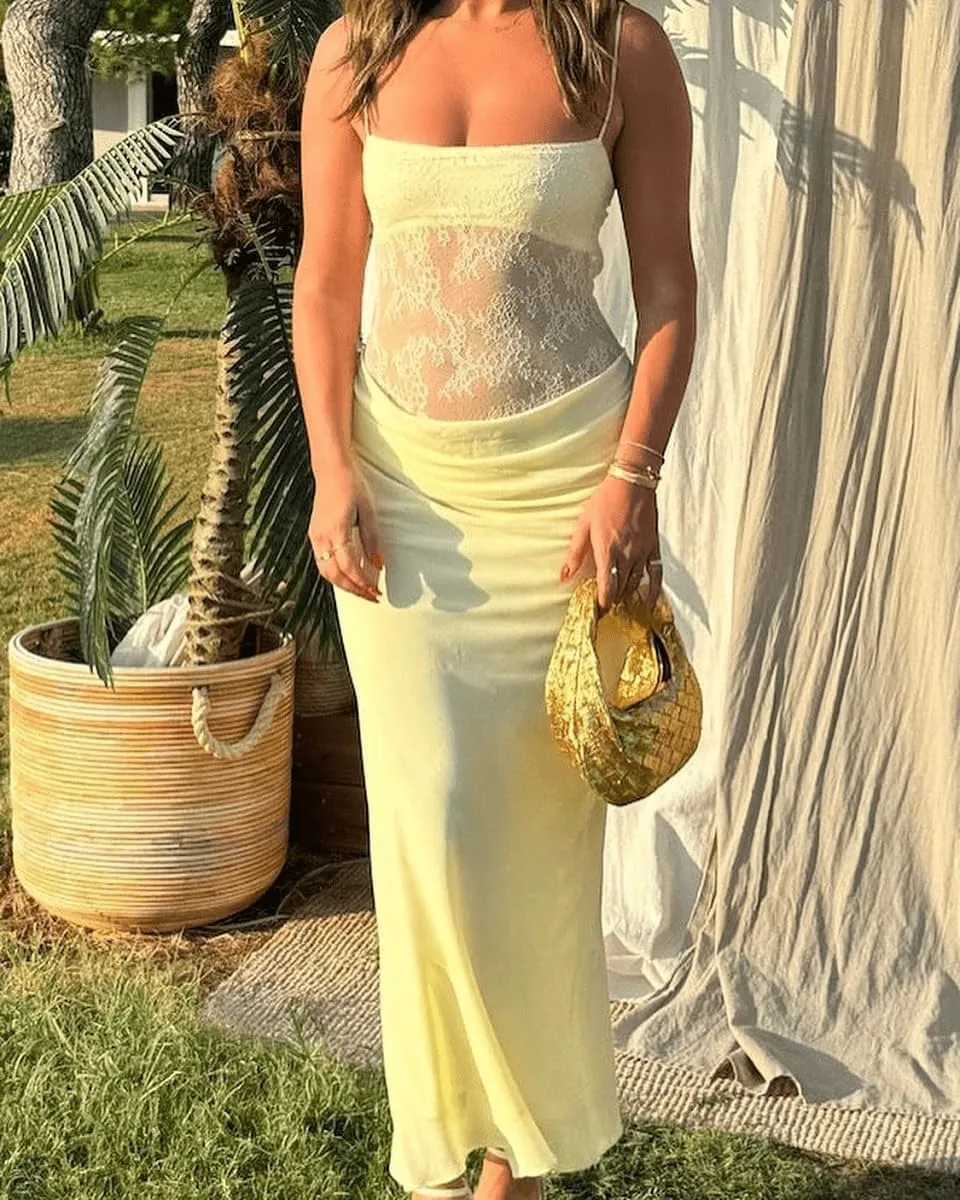 Women Spaghetti Strap Maxi Dress Sexy Cut Out Lace Patchwork Bodycon Long Dress Going Out Party Cocktail Evening Dresses