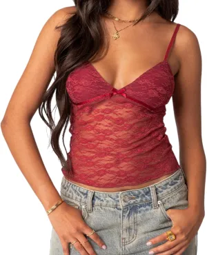 Women V Neck Sheer Lace Crop Camisole Spaghetti Strap Y2k Slim Fit Bow Knot See Through Tank Top Summer E-Girls