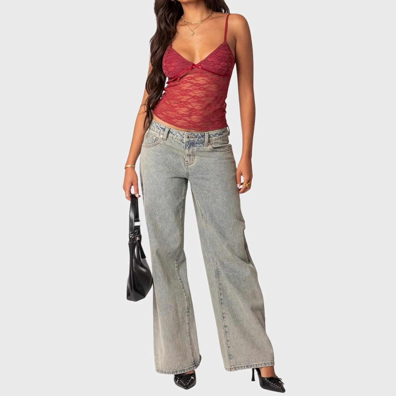 Women V Neck Sheer Lace Crop Camisole Spaghetti Strap Y2k Slim Fit Bow Knot See Through Tank Top Summer E-Girls