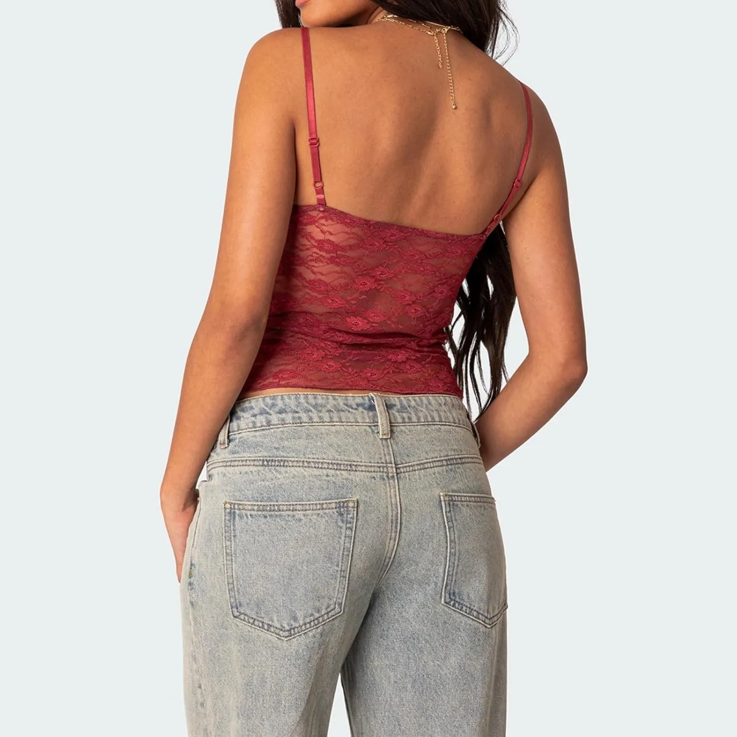 Women V Neck Sheer Lace Crop Camisole Spaghetti Strap Y2k Slim Fit Bow Knot See Through Tank Top Summer E-Girls