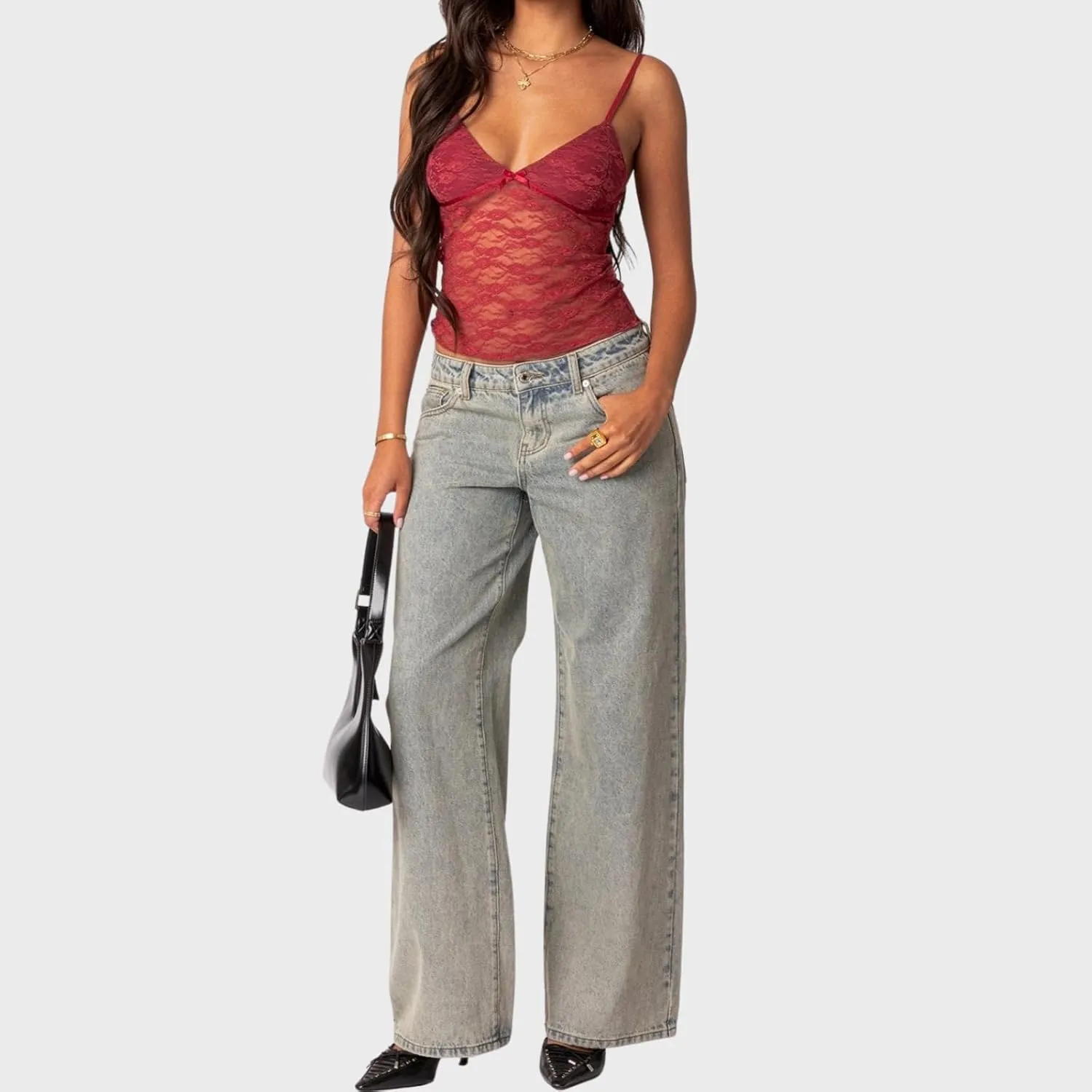 Women V Neck Sheer Lace Crop Camisole Spaghetti Strap Y2k Slim Fit Bow Knot See Through Tank Top Summer E-Girls