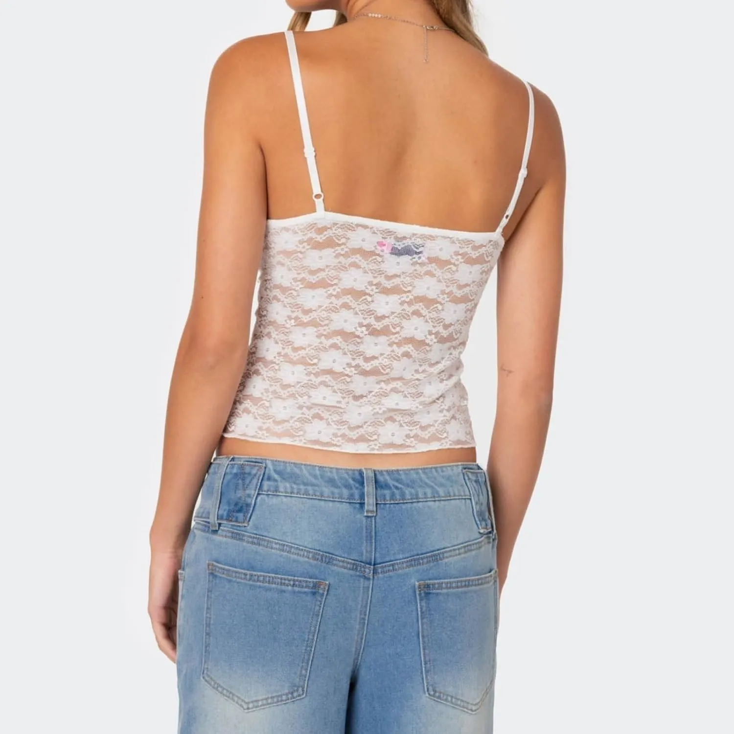 Women V Neck Sheer Lace Crop Camisole Spaghetti Strap Y2k Slim Fit Bow Knot See Through Tank Top Summer E-Girls