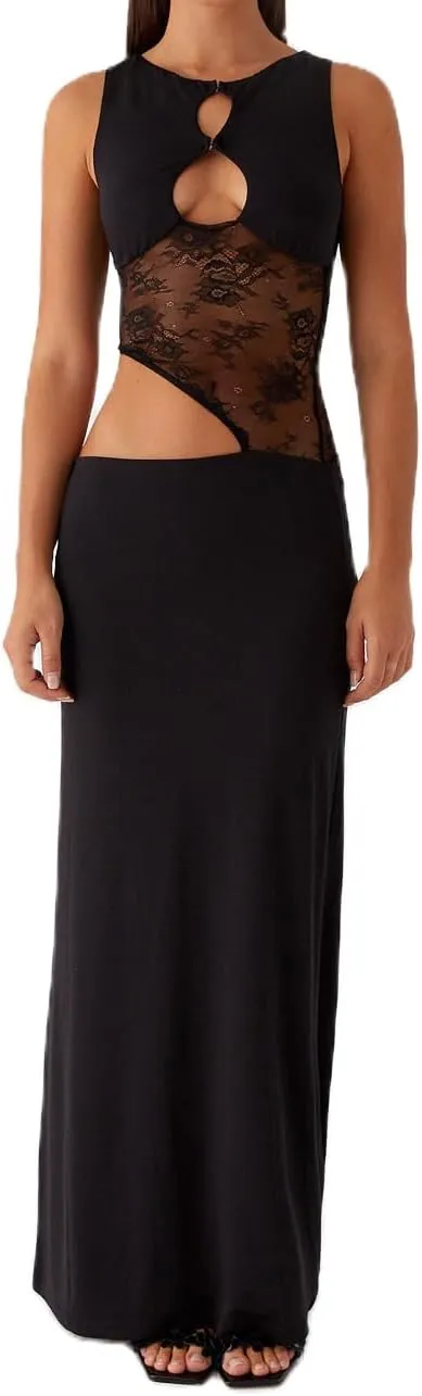Women Y2k Cut Out Bodycon Maxi Dress Sexy Sleeveless Low Cut Backless Lace Hollow-Out Dress Party Club Long Dress