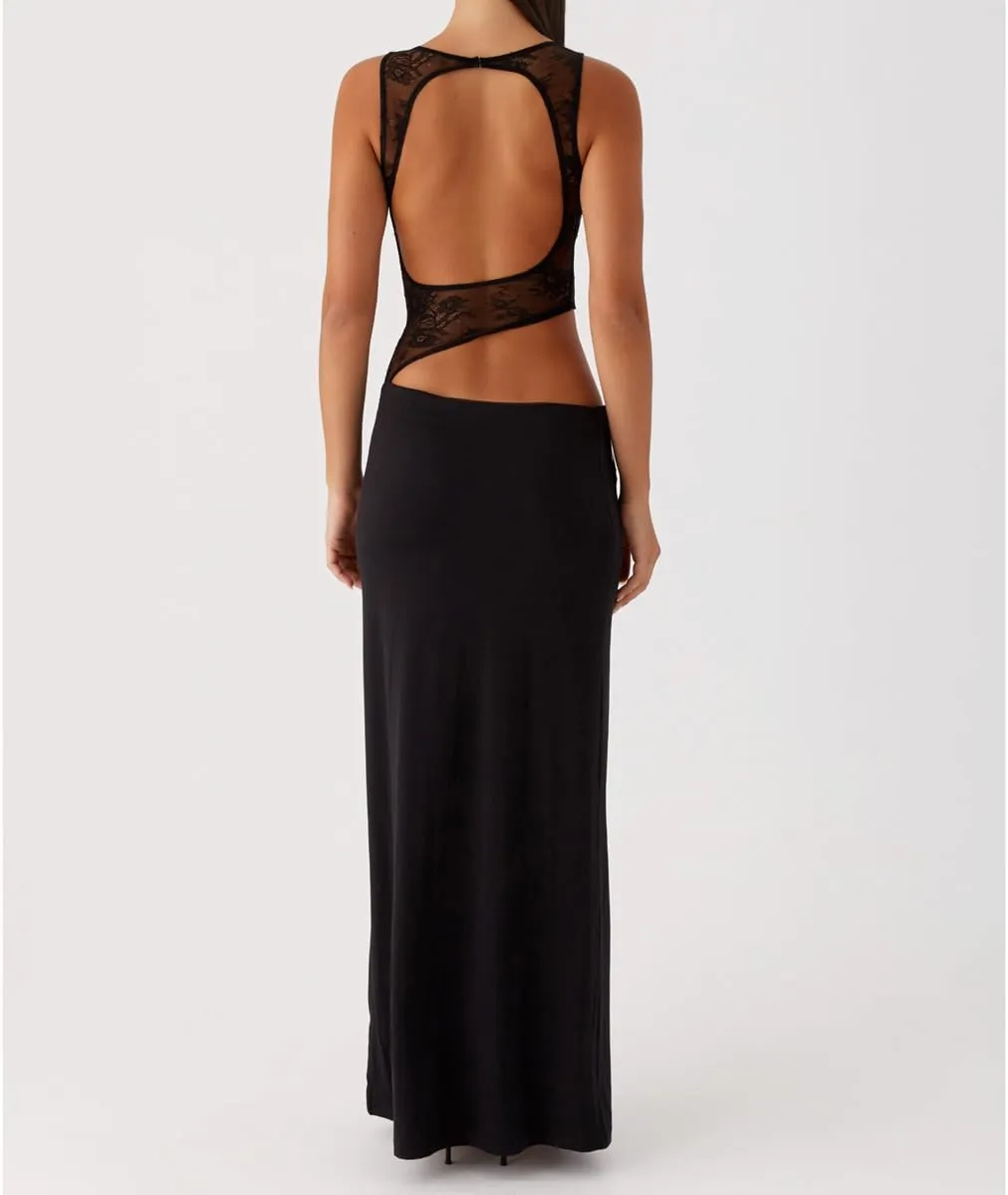 Women Y2k Cut Out Bodycon Maxi Dress Sexy Sleeveless Low Cut Backless Lace Hollow-Out Dress Party Club Long Dress