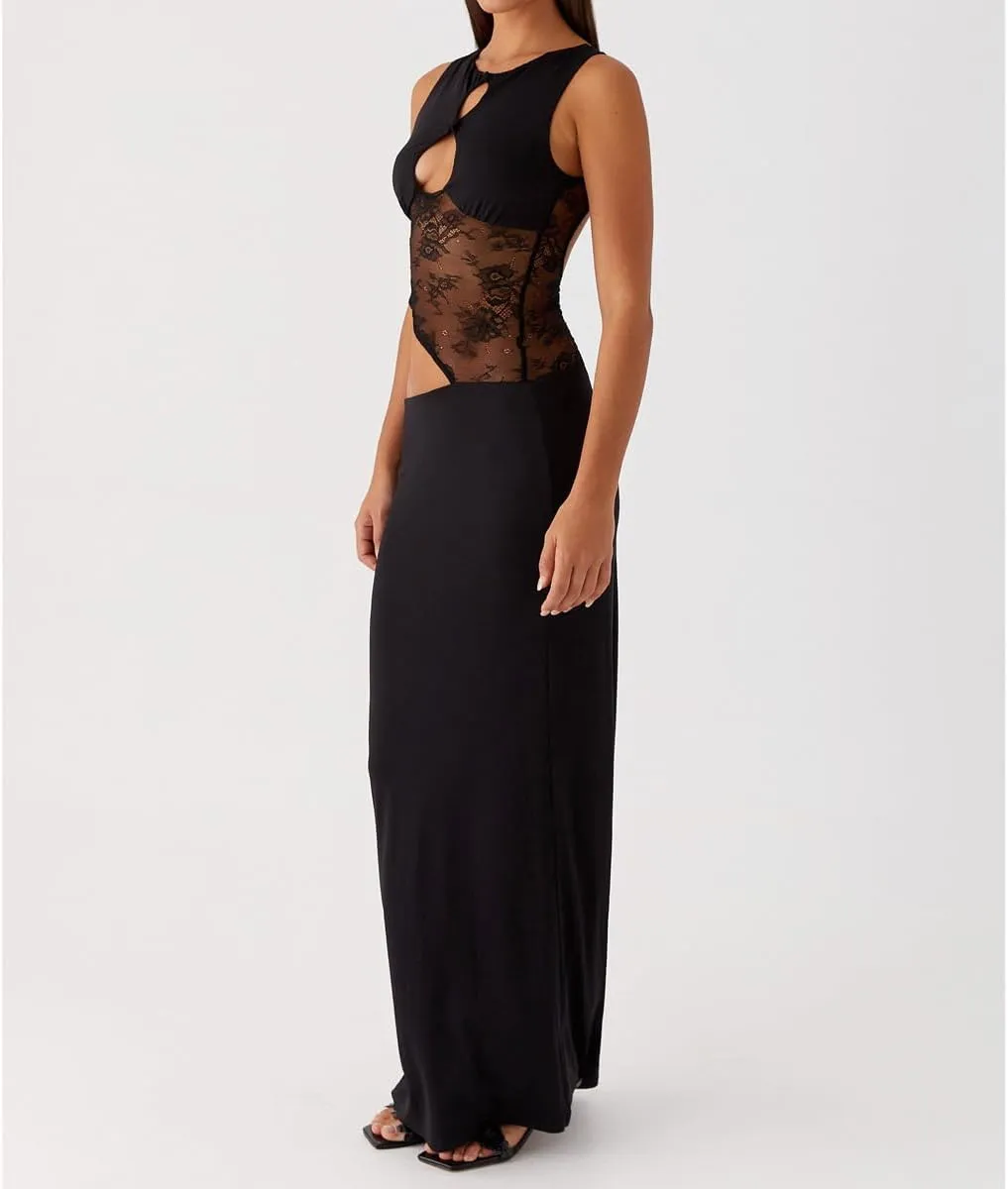 Women Y2k Cut Out Bodycon Maxi Dress Sexy Sleeveless Low Cut Backless Lace Hollow-Out Dress Party Club Long Dress
