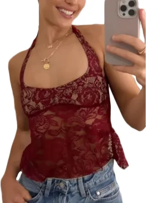 Women Y2K Halter Crop Top Sexy Sleeveless Backless Tie Up Cami Deep V Neck Tank Tops Open Back Slim Fit Coquette Tops