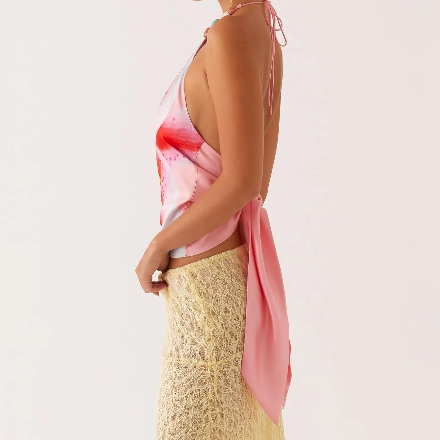 Women Y2K Halter Crop Top Sexy Sleeveless Backless Tie Up Cami Deep V Neck Tank Tops Open Back Slim Fit Coquette Tops