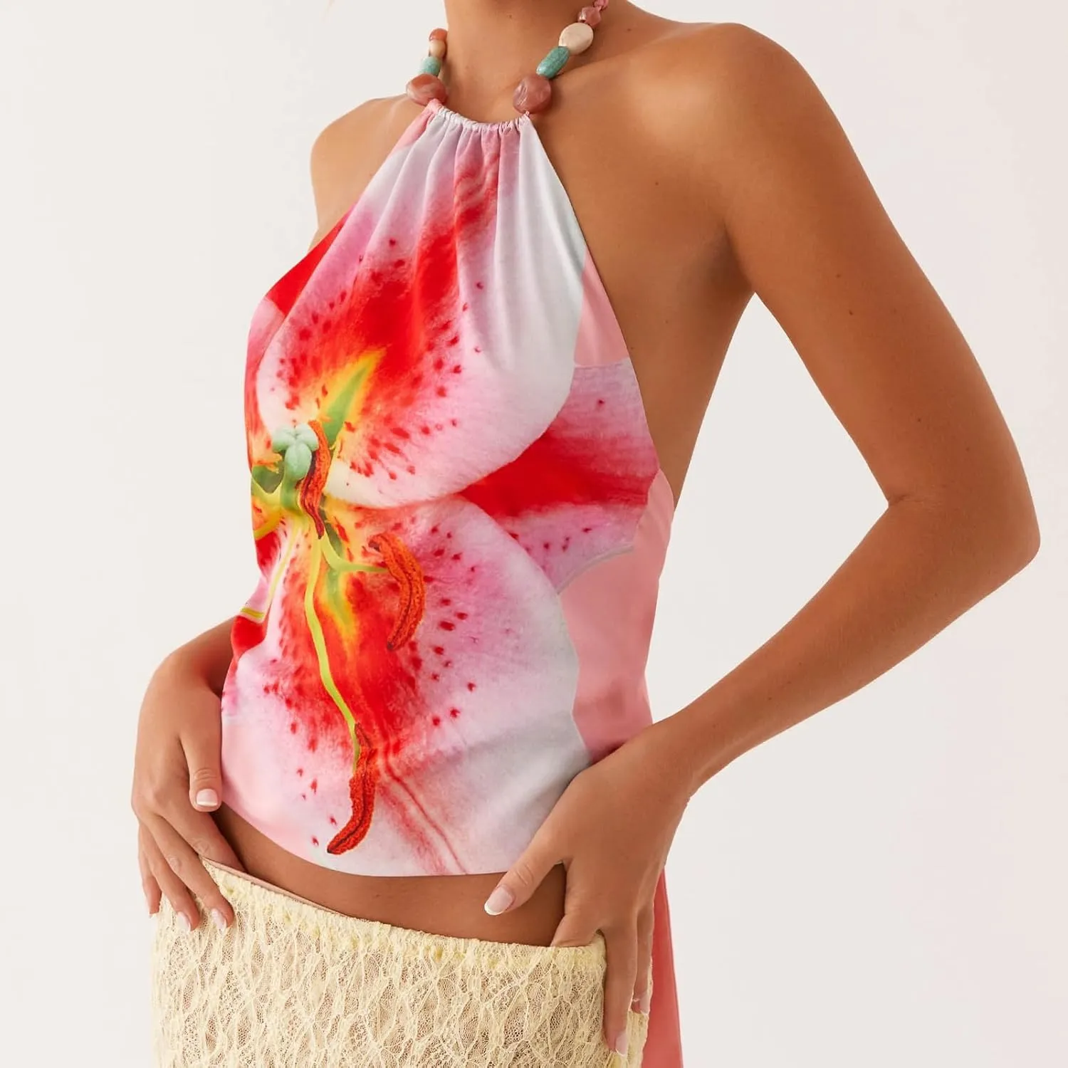 Women Y2K Halter Crop Top Sexy Sleeveless Backless Tie Up Cami Deep V Neck Tank Tops Open Back Slim Fit Coquette Tops