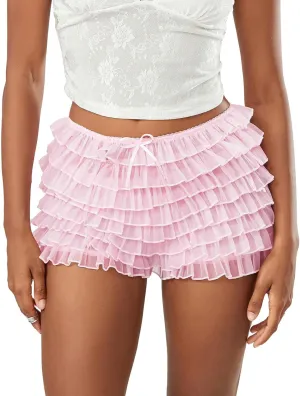 Women Y2k Lace Ruffle Layered Shorts Fairy Lolita Tiered Bloomer Shorts Cute Boy Shorts Mini Pettipants Teen Girls