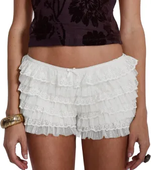 Women Y2k Lace Ruffle Layered Shorts Fairy Lolita Tiered Bloomer Shorts Cute Boy Shorts Mini Pettipants Teen Girls