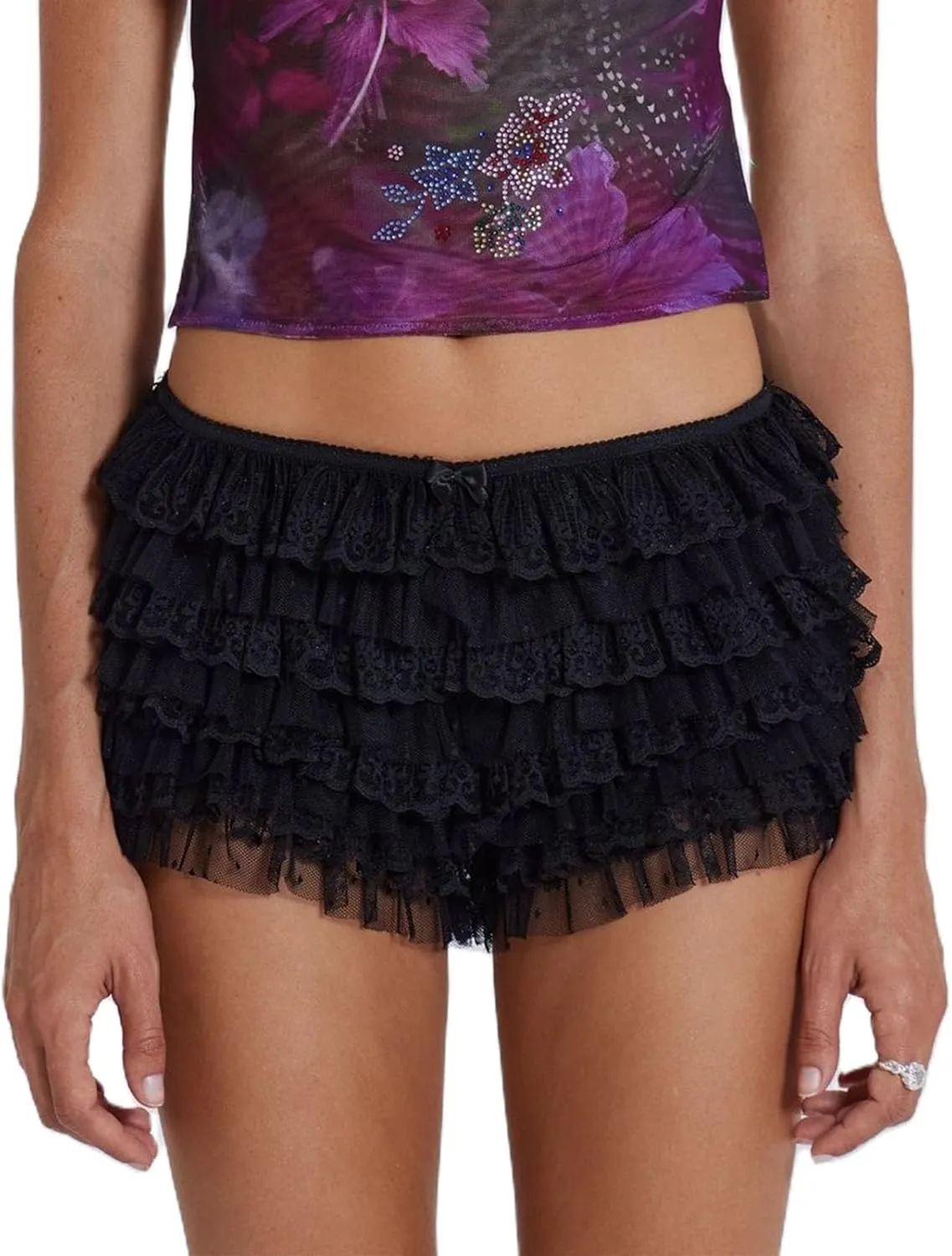 Women Y2k Lace Ruffle Layered Shorts Fairy Lolita Tiered Bloomer Shorts Cute Boy Shorts Mini Pettipants Teen Girls