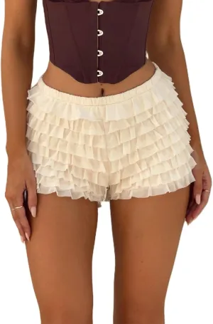 Women Y2k Lace Ruffle Layered Shorts Fairy Lolita Tiered Bloomer Shorts Cute Boy Shorts Mini Pettipants Teen Girls
