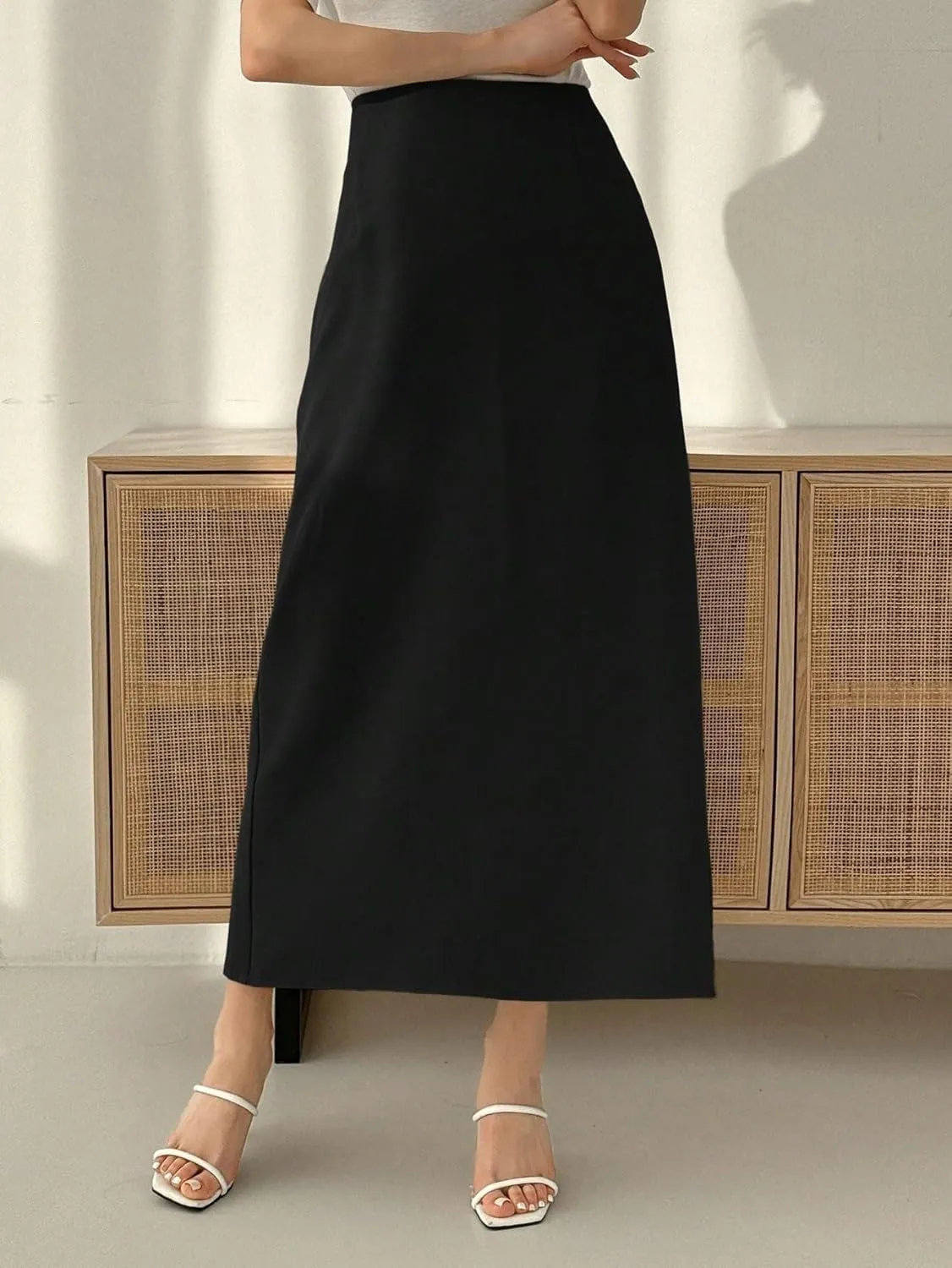 Women's 2025 Casual Maxi Long Skirts Solid Color High Slit Mid-Length Skirt