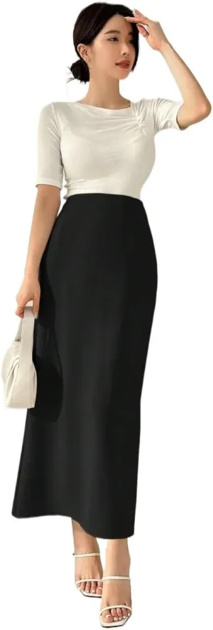 Women's 2025 Casual Maxi Long Skirts Solid Color High Slit Mid-Length Skirt