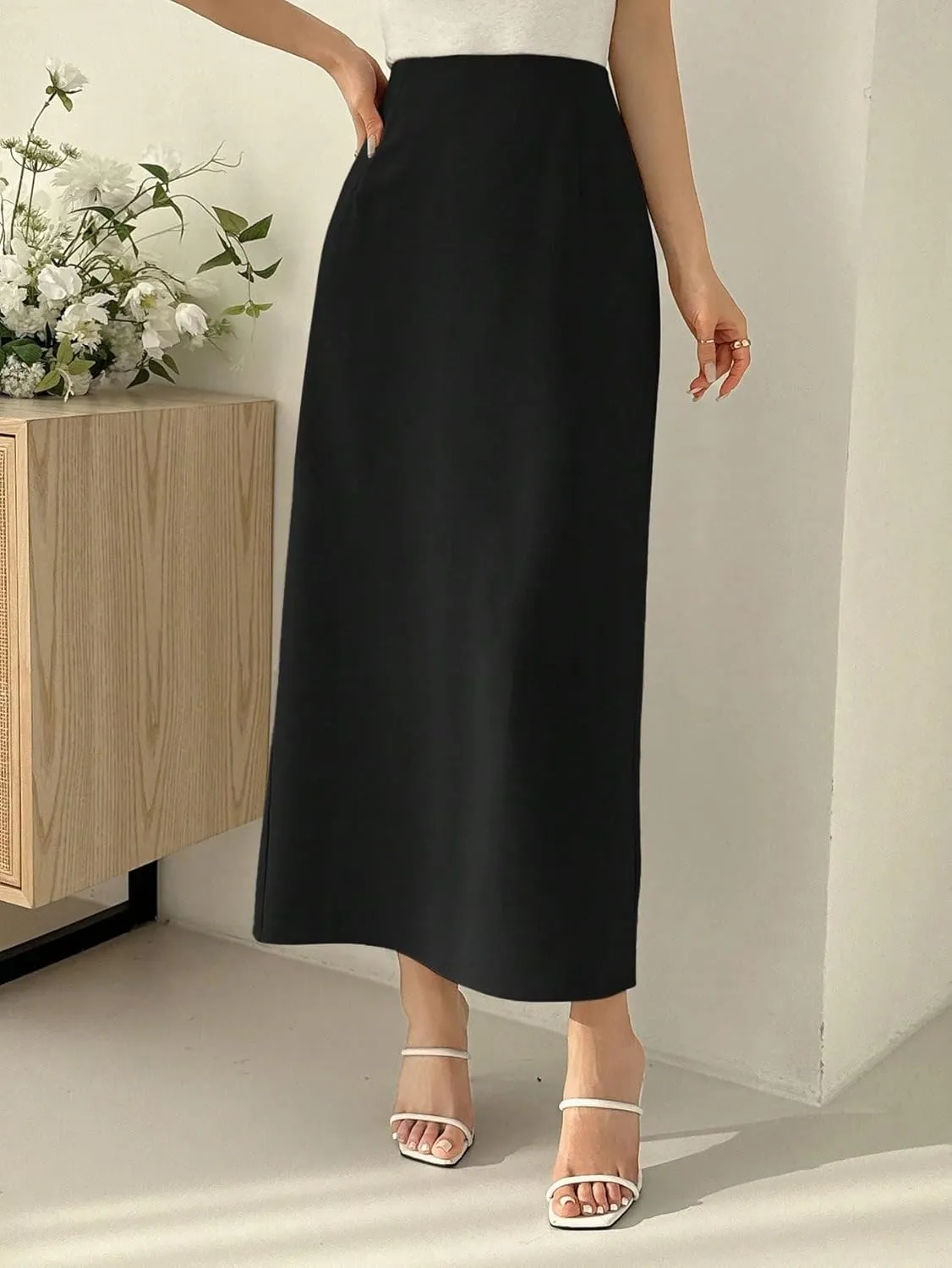 Women's 2025 Casual Maxi Long Skirts Solid Color High Slit Mid-Length Skirt