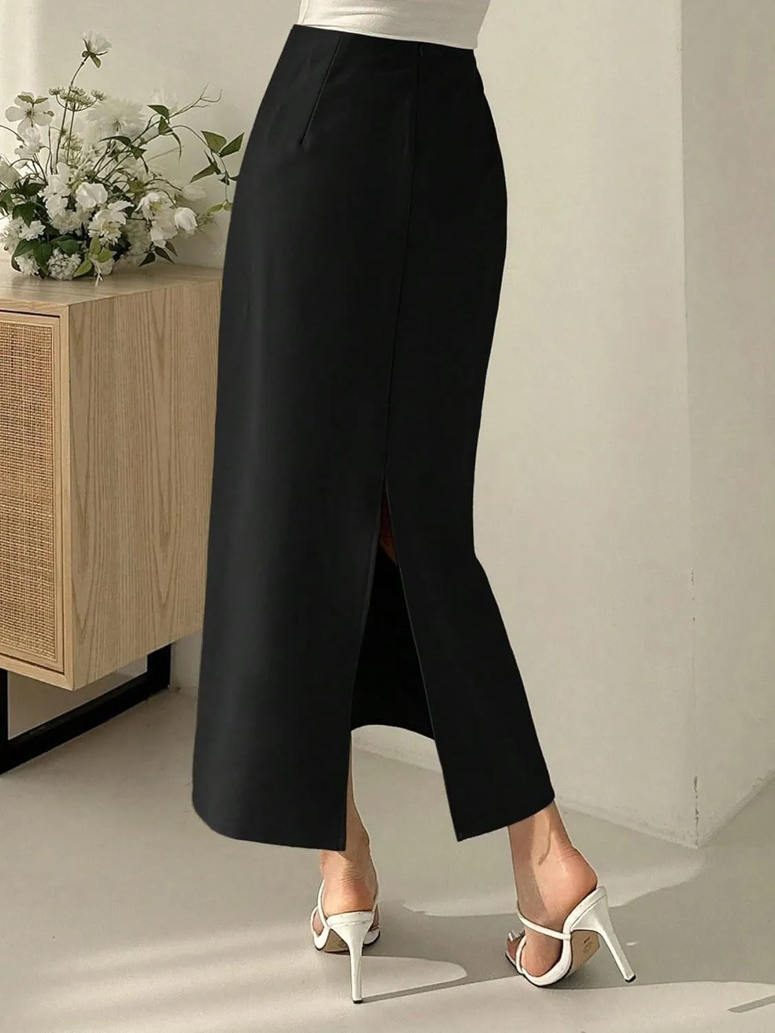 Women's 2025 Casual Maxi Long Skirts Solid Color High Slit Mid-Length Skirt