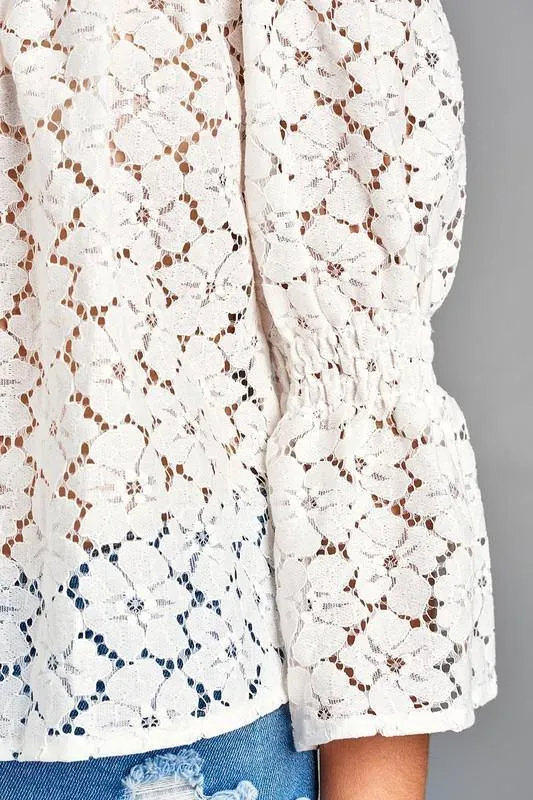 Womens 3/4 In Long Sleeve Off Shoulder Floral Lace Top