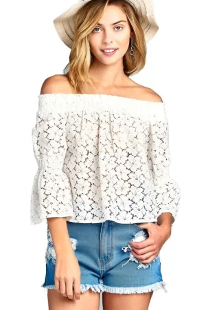 Womens 3/4 In Long Sleeve Off Shoulder Floral Lace Top