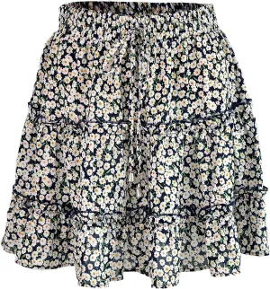 Women's A Line Layered Chiffon Floral Mini Skirt Schoolgirl Pleated Skater Skirt (Color : A, Size : X-Large)