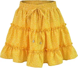 Women's A Line Layered Chiffon Floral Mini Skirt Schoolgirl Pleated Skater Skirt (Color : E, Size : Medium)
