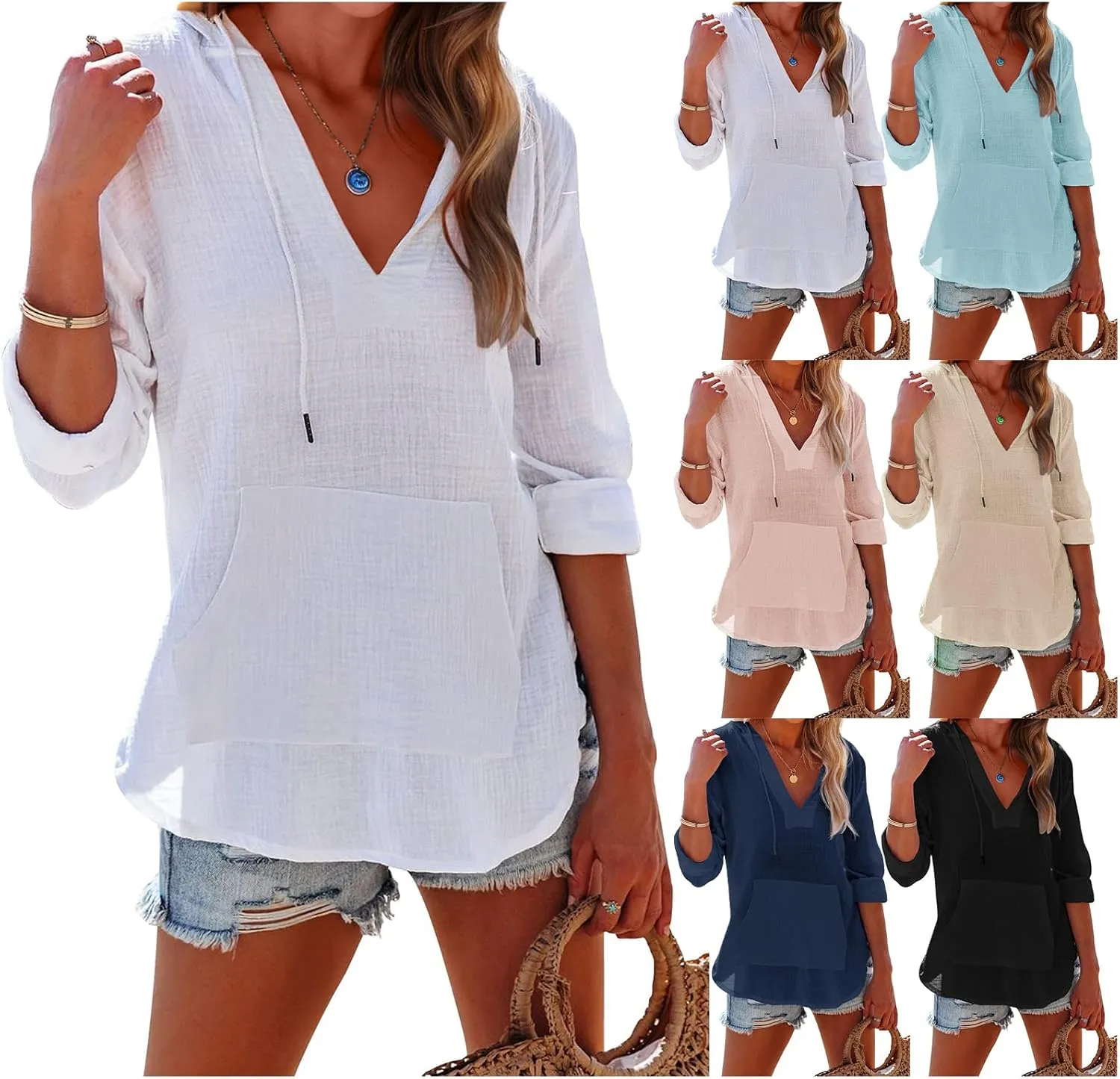 Women's Beach Cover Up Long Sleeve V Neck Linen Tops Pocketed Hooded Shirt Lightweight Summer Blouse Hoodies Sweatshirt