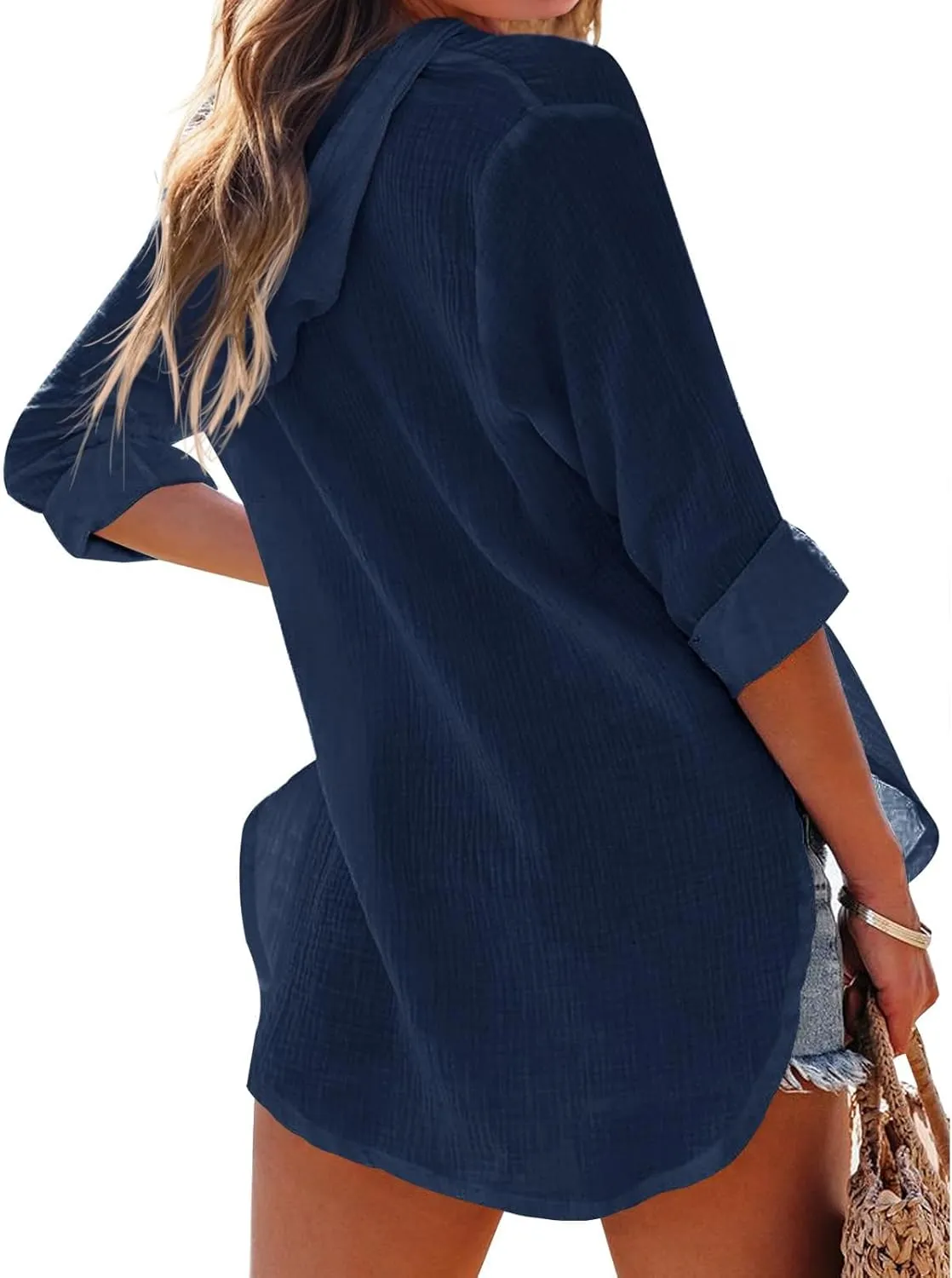 Women's Beach Cover Up Long Sleeve V Neck Linen Tops Pocketed Hooded Shirt Lightweight Summer Blouse Hoodies Sweatshirt