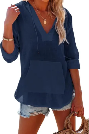 Women's Beach Cover Up Long Sleeve V Neck Linen Tops Pocketed Hooded Shirt Lightweight Summer Blouse Hoodies Sweatshirt
