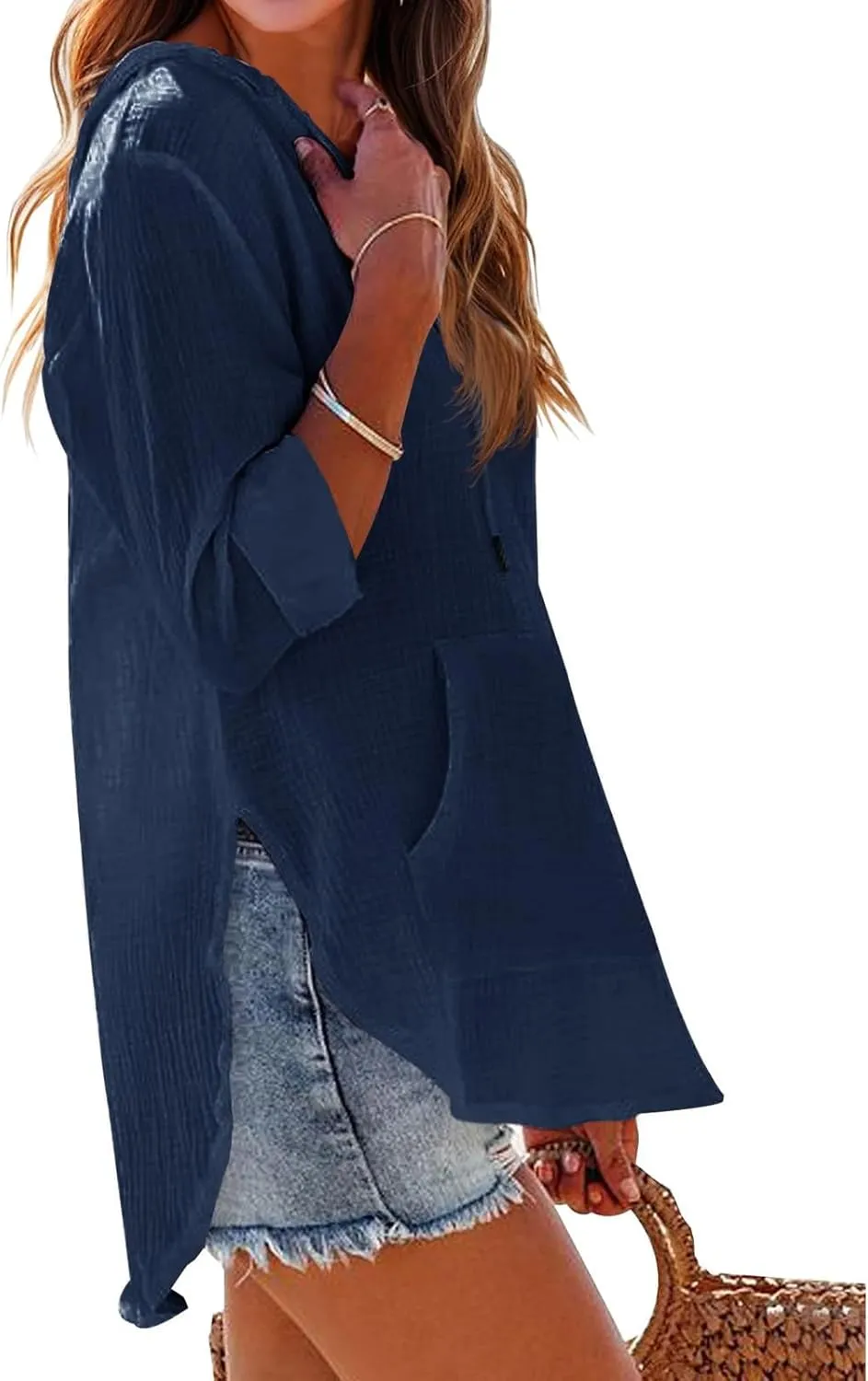 Women's Beach Cover Up Long Sleeve V Neck Linen Tops Pocketed Hooded Shirt Lightweight Summer Blouse Hoodies Sweatshirt