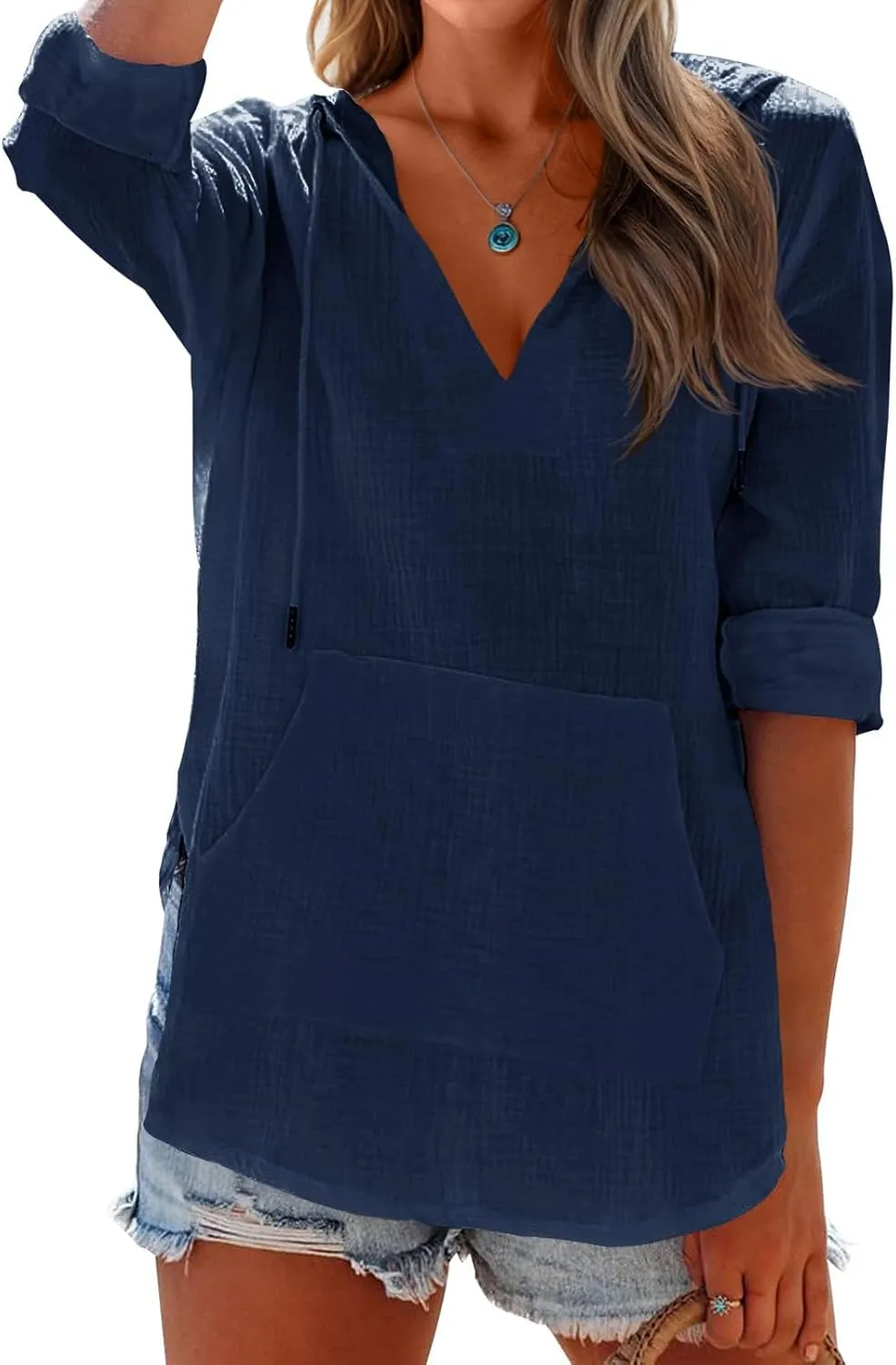 Women's Beach Cover Up Long Sleeve V Neck Linen Tops Pocketed Hooded Shirt Lightweight Summer Blouse Hoodies Sweatshirt
