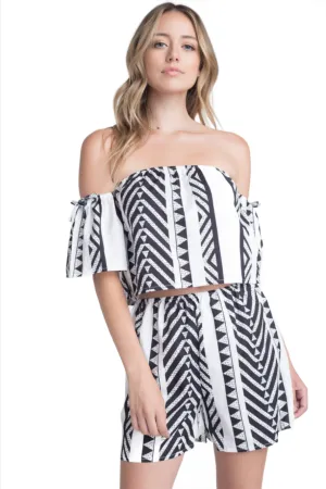 Womens Black & White Off Shoulder 2 Piece Short Set
